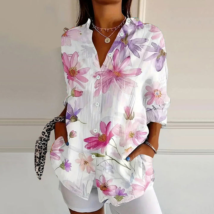 Splash | Abstract Floral Print Oversized Button Womens Blouse