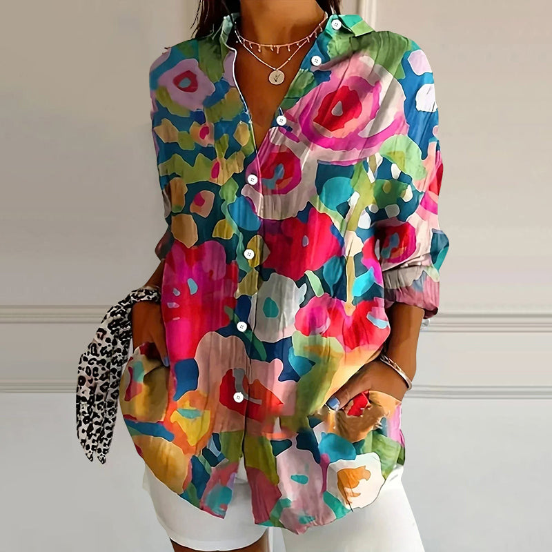 Splash | Abstract Floral Print Oversized Button Womens Blouse