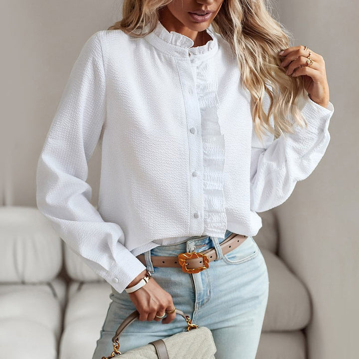Valentina | Ruffle Trim Textured Long Sleeve Womens Blouse