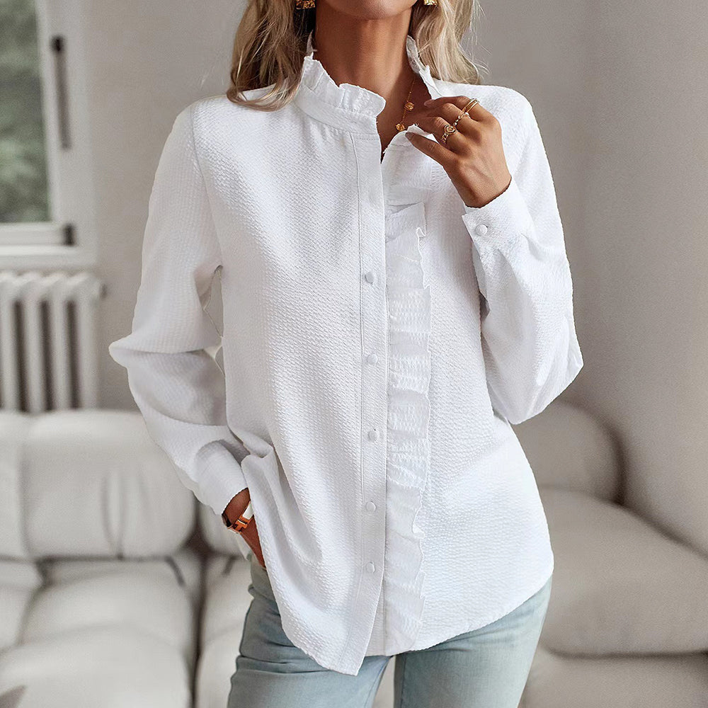 Valentina | Ruffle Trim Textured Long Sleeve Womens Blouse