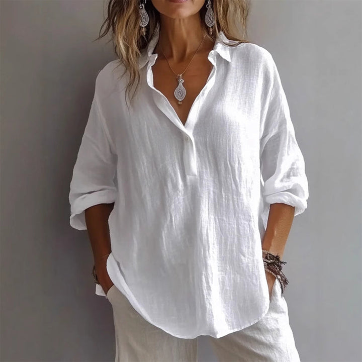 Carrara | Relaxed V Neck Long Sleeve Linen Womens Blouse