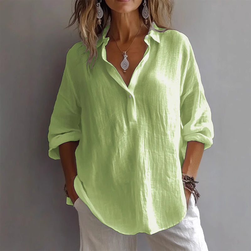 Carrara | Relaxed V Neck Long Sleeve Linen Womens Blouse
