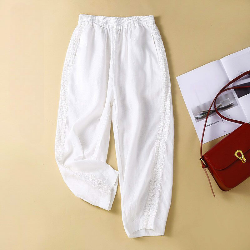 Celeste | Women's Linen Pants with Lace Trim