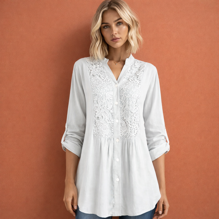 Lacette | Crochet Lace Panel Button-Up Tunic Blouse