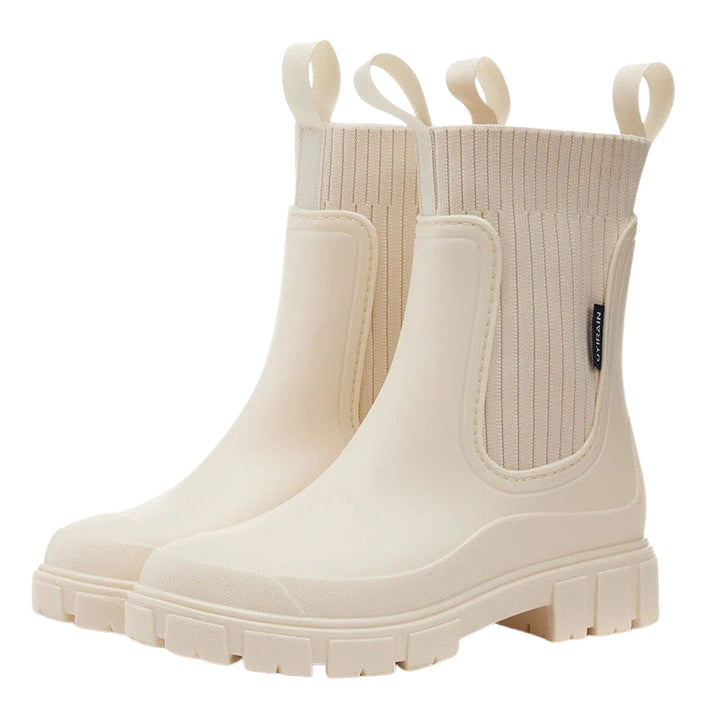 Rainy | Knit Collar Chelsea Pull-On Chunky Ankle Boots