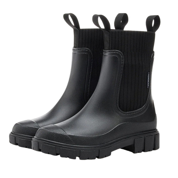 Rainy | Knit Collar Chelsea Pull-On Chunky Ankle Boots