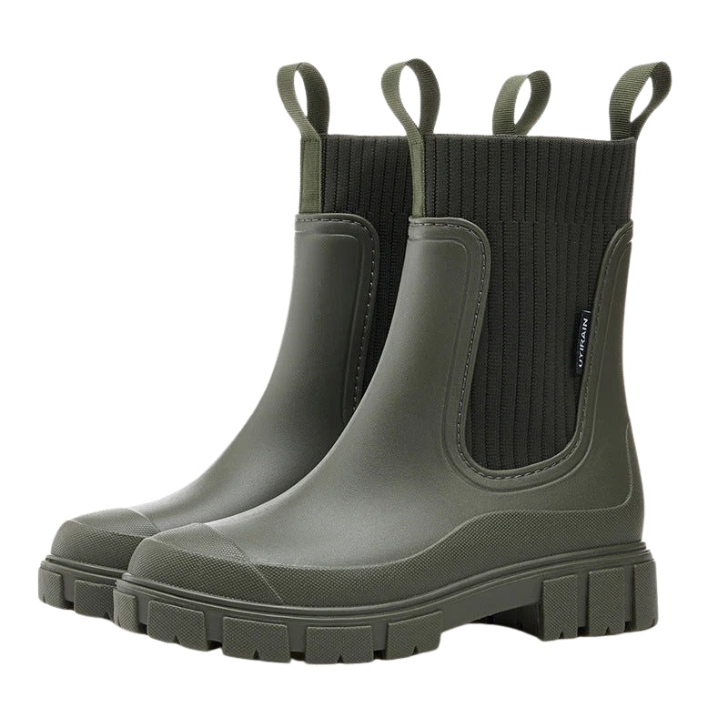Rainy | Knit Collar Chelsea Pull-On Chunky Ankle Boots