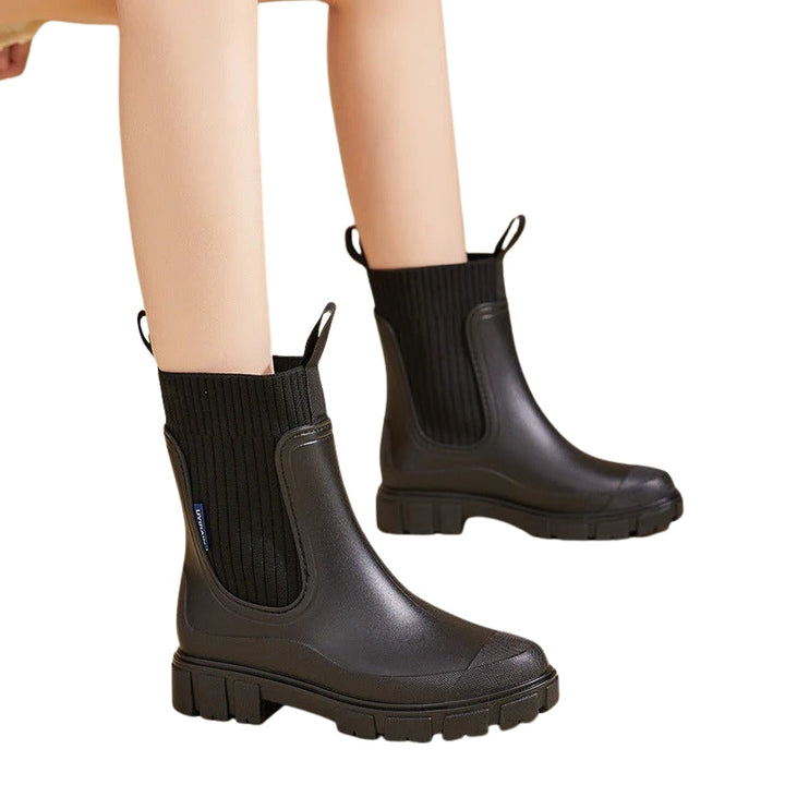 Rainy | Knit Collar Chelsea Pull-On Chunky Ankle Boots