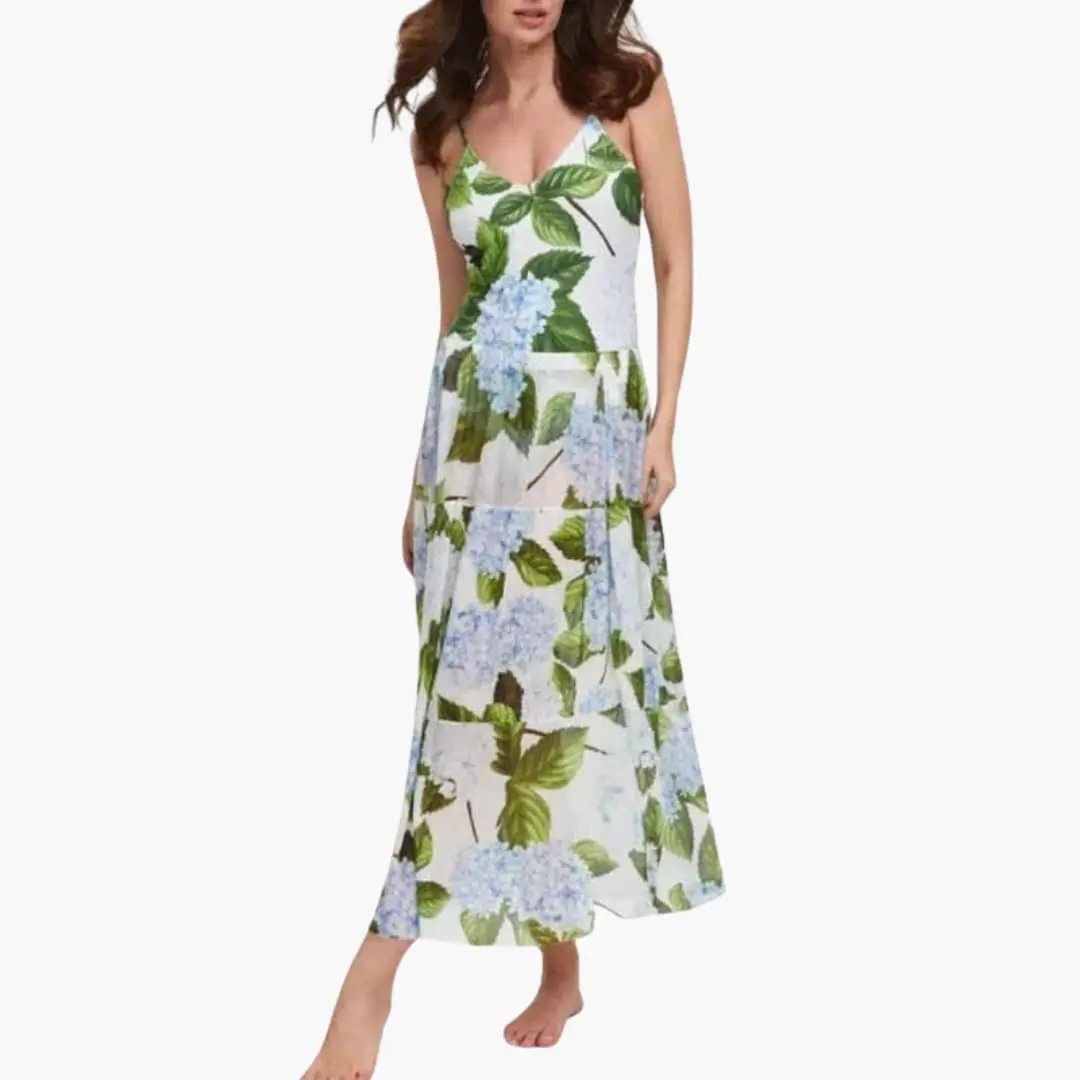 Hydrangea | Botanical Print V-Neck Spaghetti Strap Maxi Dress