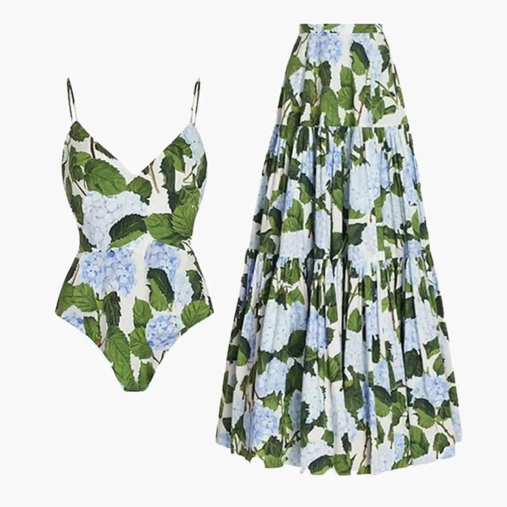 Hydrangea | Botanical Print V-Neck Spaghetti Strap Maxi Dress