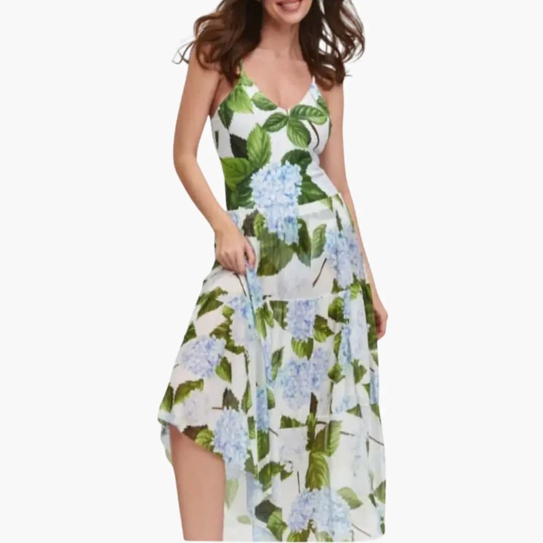 Hydrangea | Botanical Print V-Neck Spaghetti Strap Maxi Dress