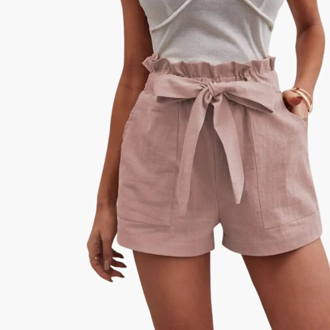 Paperbag | Bow Tie Frill Waist Linen High Waisted Womens Shorts