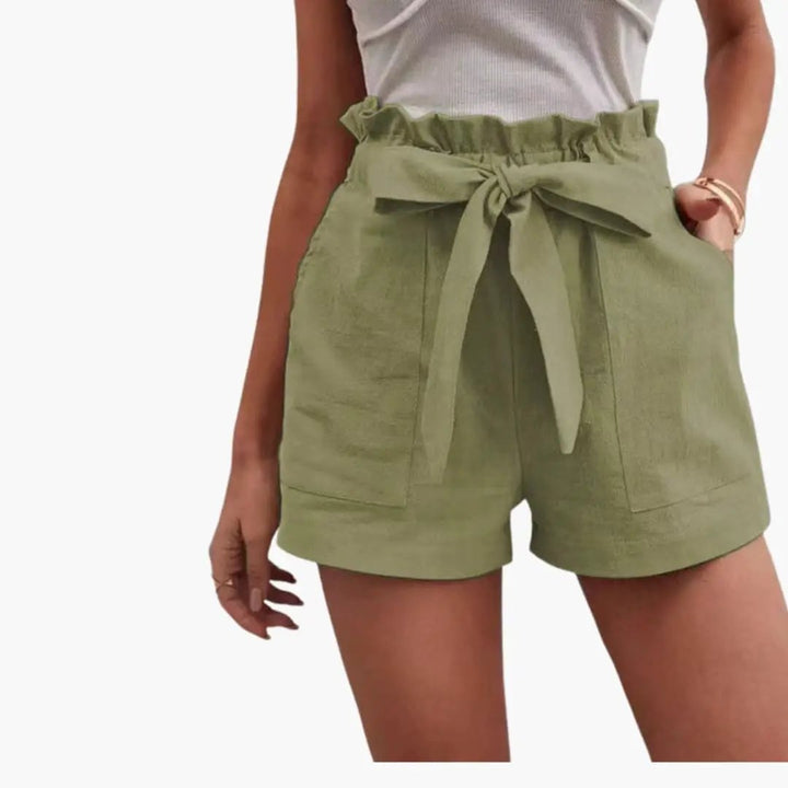 Paperbag | Bow Tie Frill Waist Linen High Waisted Womens Shorts