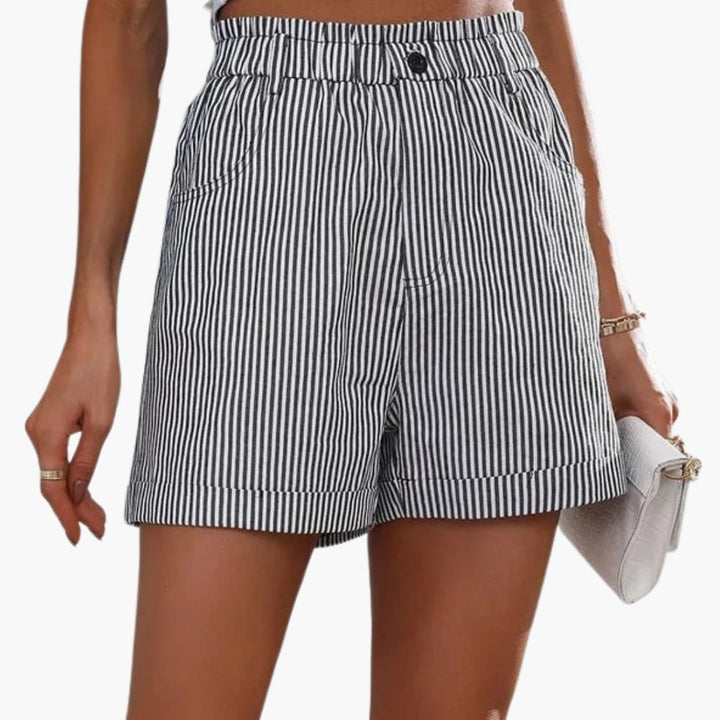 Pinstripe | Cuffed Button Waist Elasticated High Waisted Womens Shorts