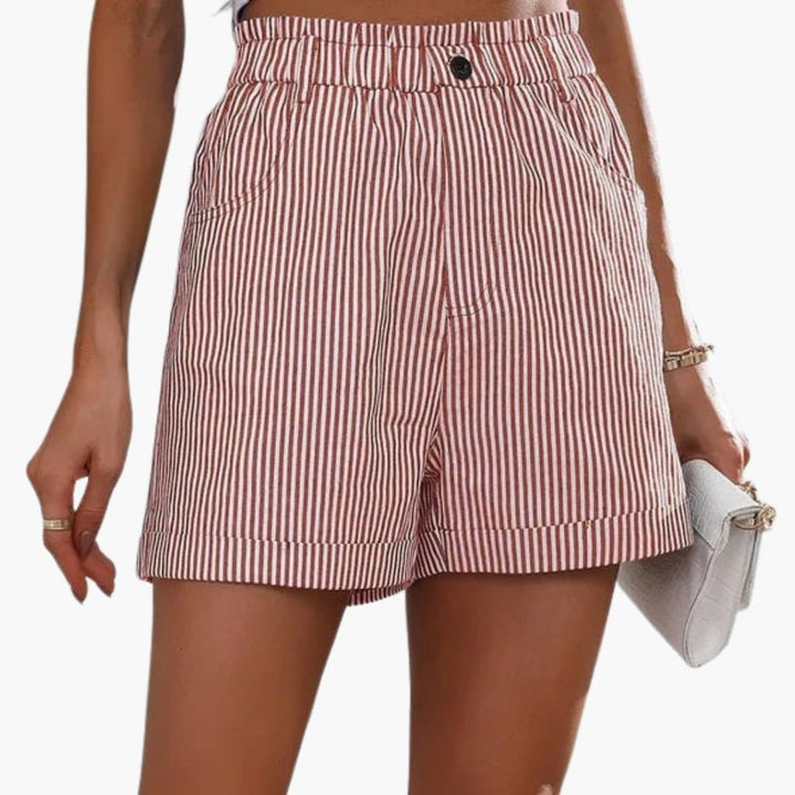 Pinstripe | Cuffed Button Waist Elasticated High Waisted Womens Shorts