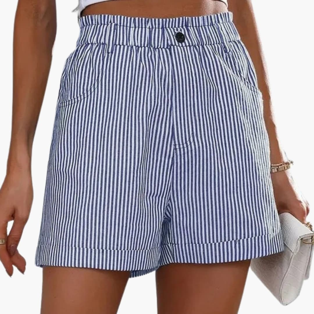 Pinstripe | Cuffed Button Waist Elasticated High Waisted Womens Shorts