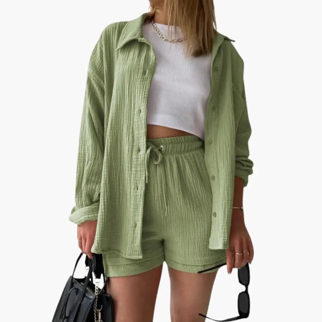 Sable | Crinkle Cotton Shirt and High Waisted Two Piece Set Women