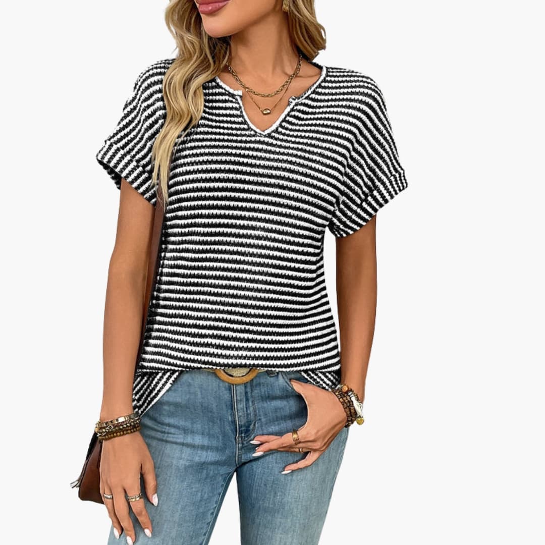 Cleo | Striped V-Neck T-Shirt – Women's Casual Short Sleeve Top