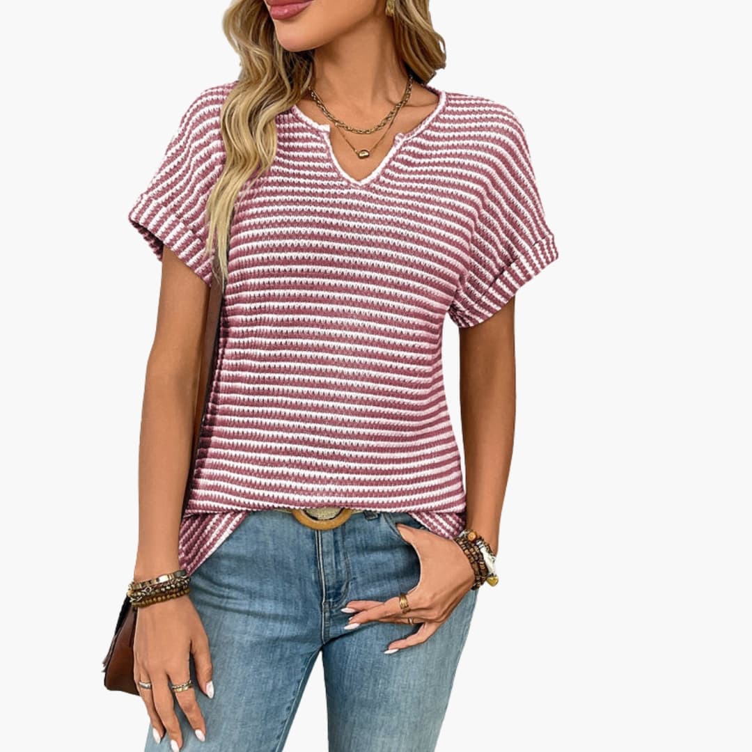 Cleo | Striped V-Neck T-Shirt – Women's Casual Short Sleeve Top