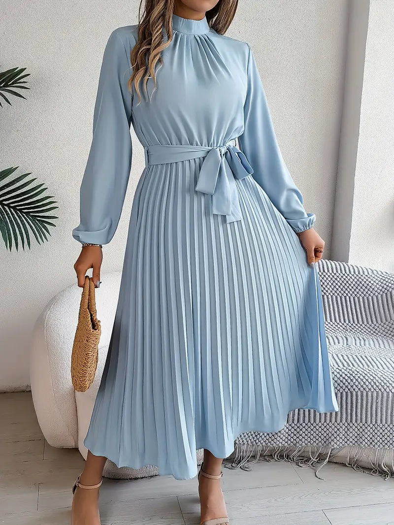 Amelie | Belted Mock-Neck Womens Pleated Midi Dress with Long Sleeves
