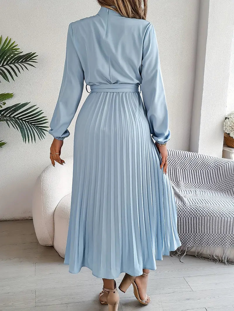 Amelie | Belted Mock-Neck Womens Pleated Midi Dress with Long Sleeves