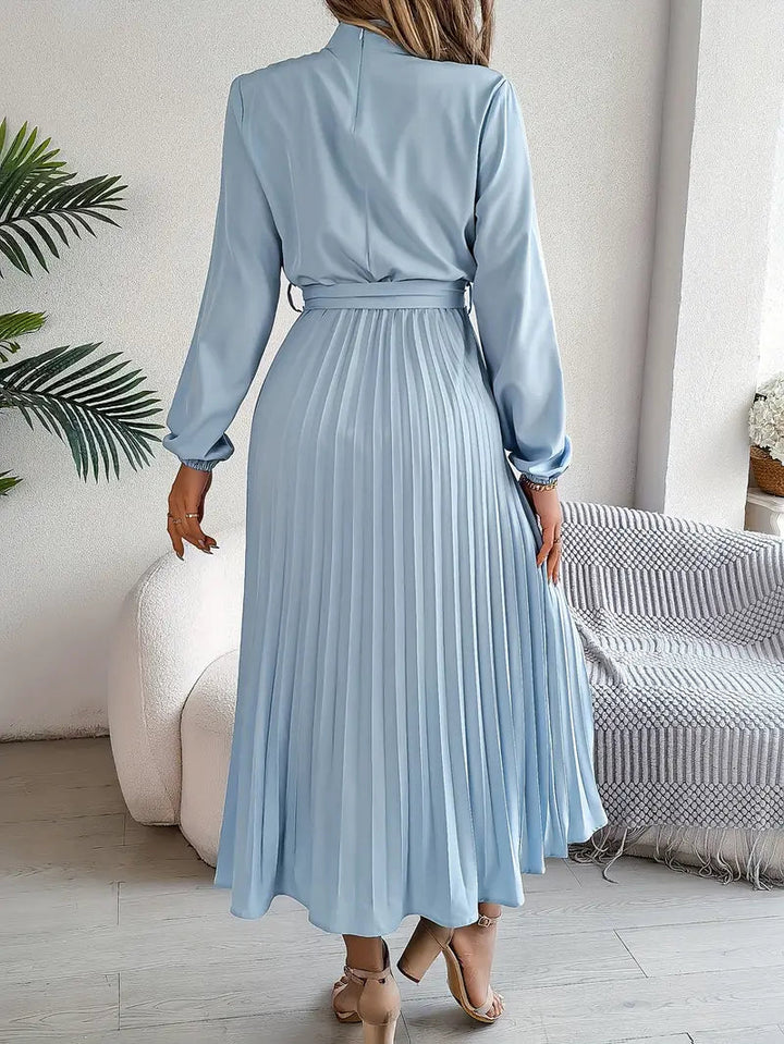 Amelie | Belted Mock-Neck Womens Pleated Midi Dress with Long Sleeves