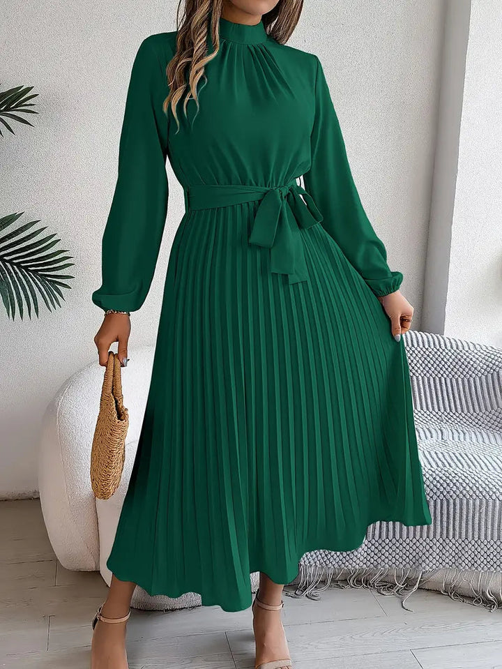 Amelie | Belted Mock-Neck Womens Pleated Midi Dress with Long Sleeves