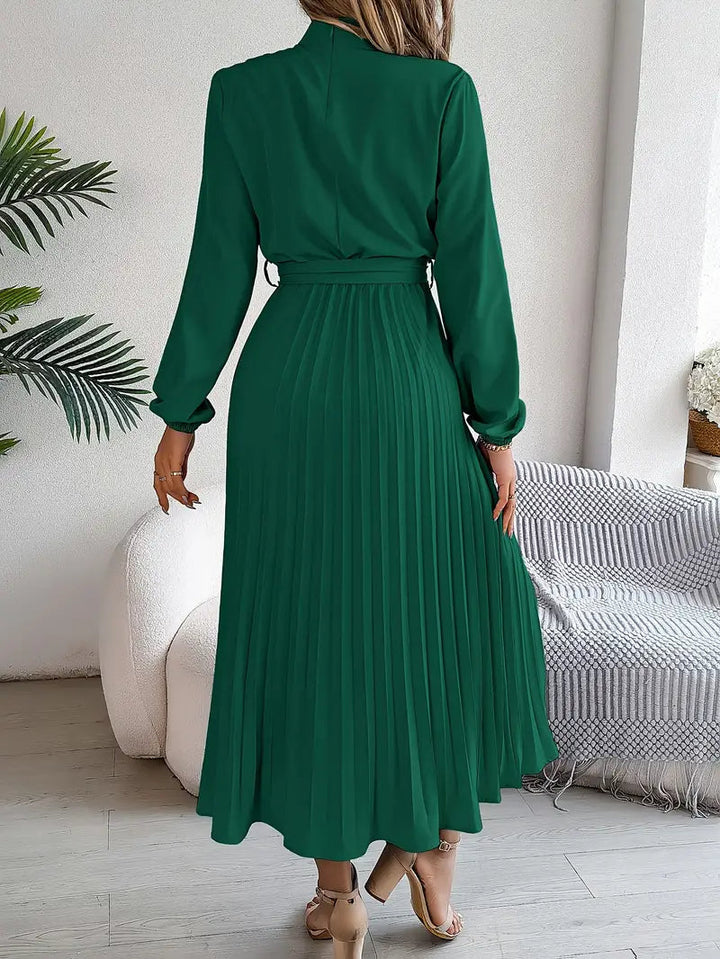 Amelie | Belted Mock-Neck Womens Pleated Midi Dress with Long Sleeves