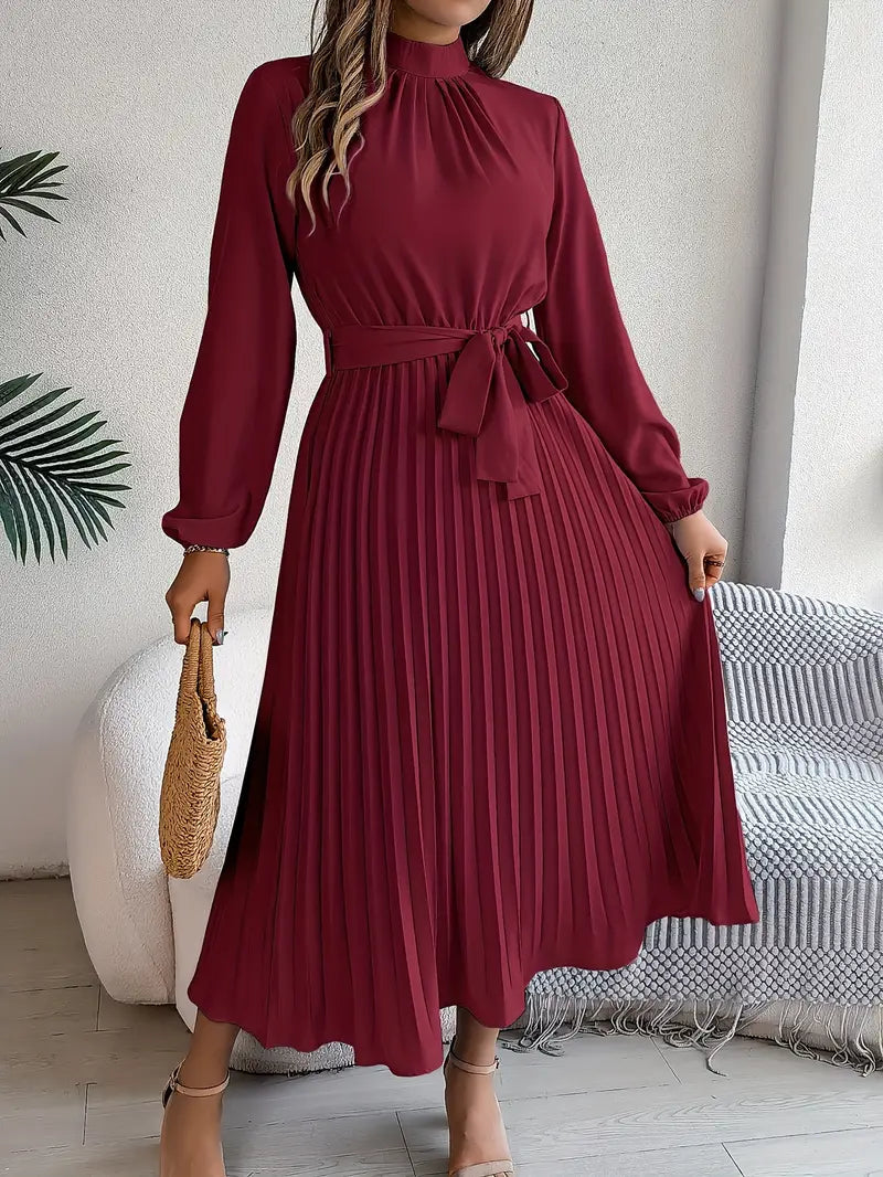 Amelie | Belted Mock-Neck Womens Pleated Midi Dress with Long Sleeves