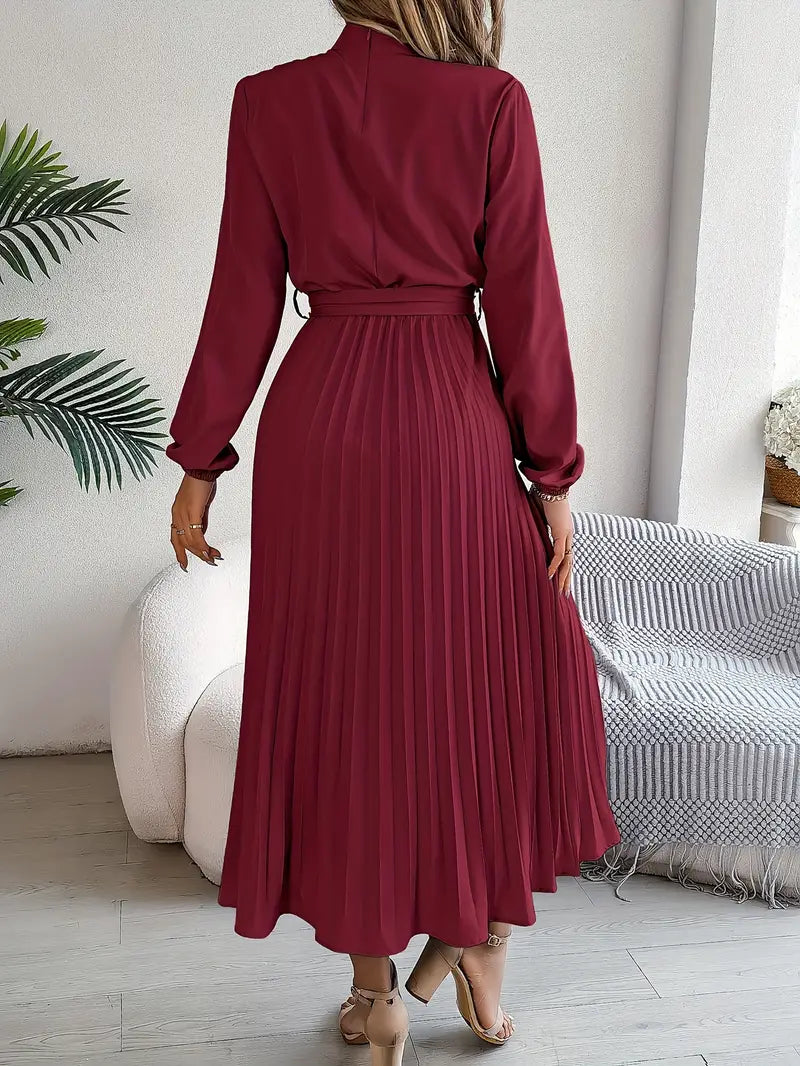 Amelie | Belted Mock-Neck Womens Pleated Midi Dress with Long Sleeves