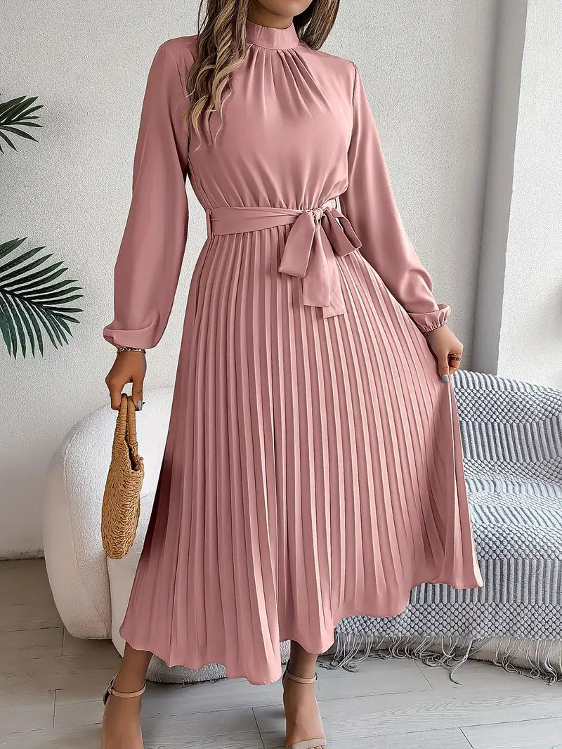 Amelie | Belted Mock-Neck Womens Pleated Midi Dress with Long Sleeves