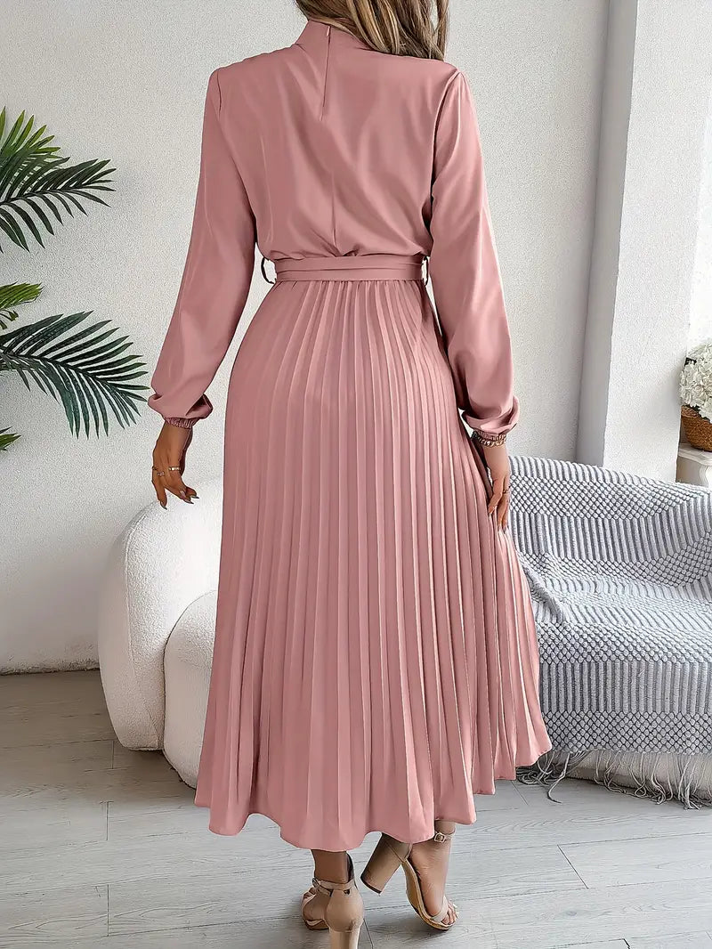 Amelie | Belted Mock-Neck Womens Pleated Midi Dress with Long Sleeves