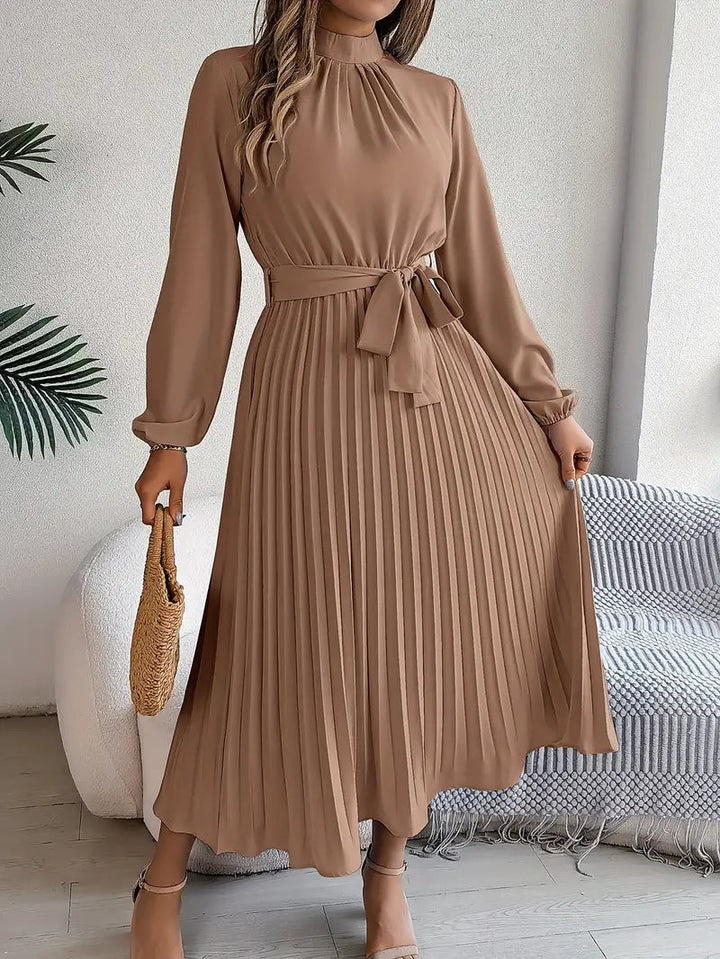 Amelie | Belted Mock-Neck Womens Pleated Midi Dress with Long Sleeves