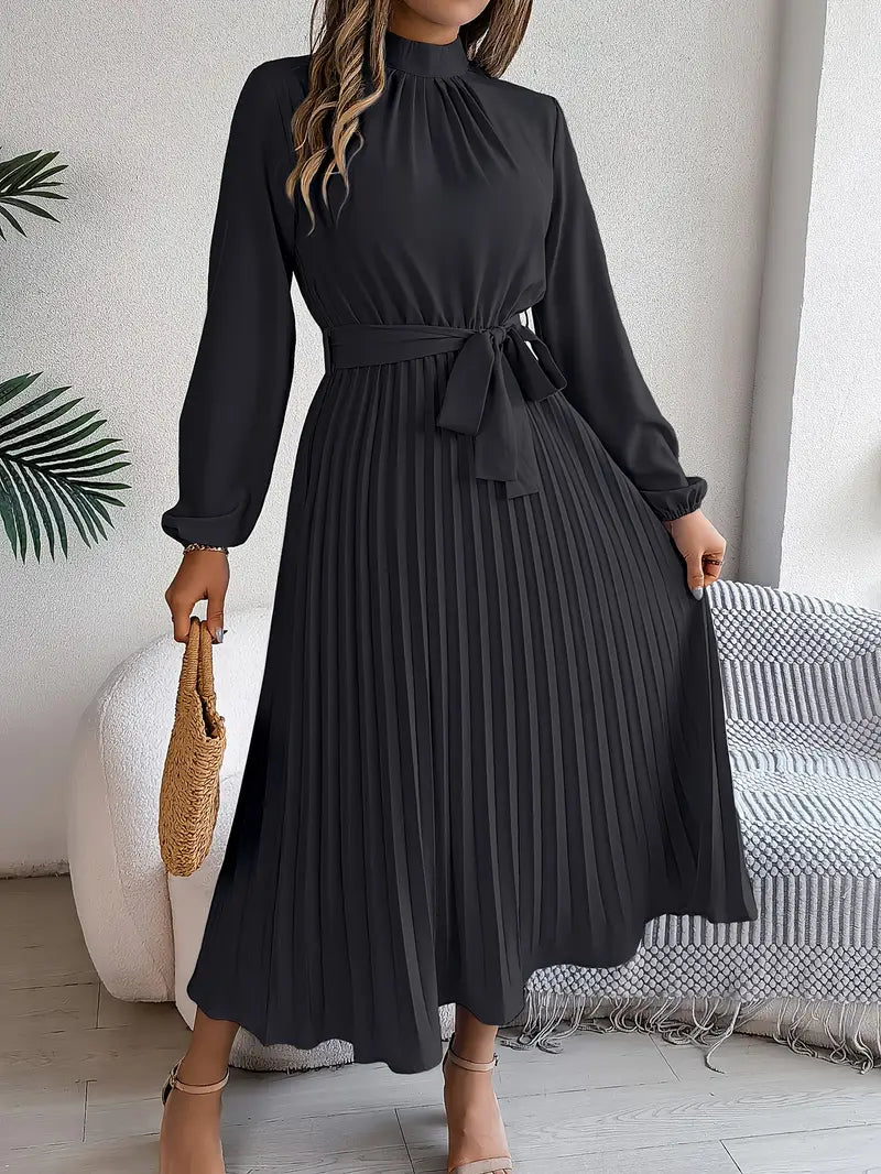 Amelie | Belted Mock-Neck Womens Pleated Midi Dress with Long Sleeves
