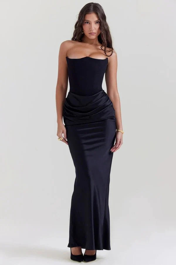 Vivienne | Satin Corset Maxi Dress with Draped Skirt