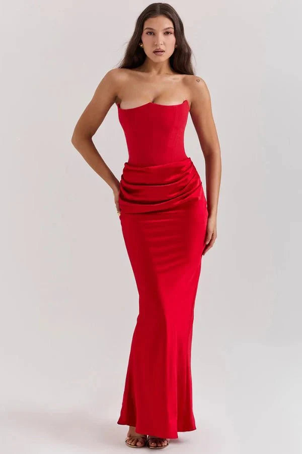 Vivienne | Satin Corset Maxi Dress with Draped Skirt