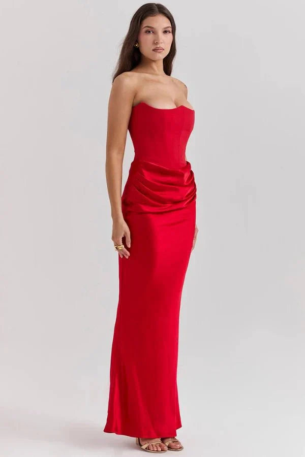 Vivienne | Satin Corset Maxi Dress with Draped Skirt