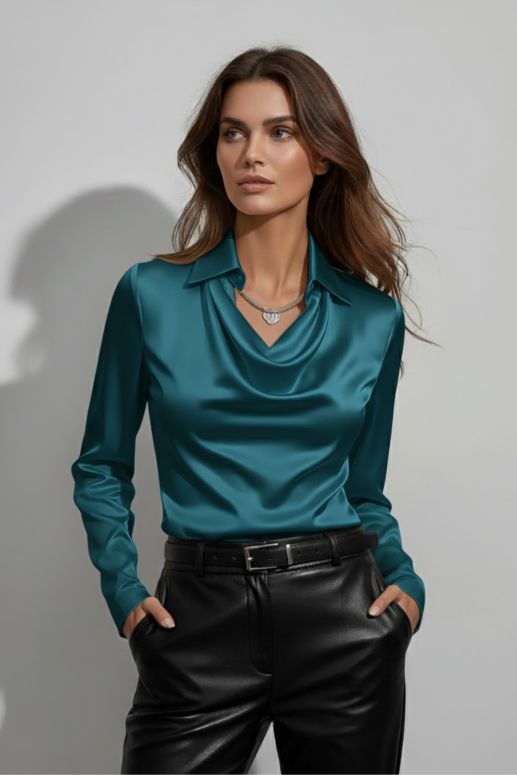 Sienna | Draped Cowl Neck Satin Blouse – Women's Elegant Silk Shirt