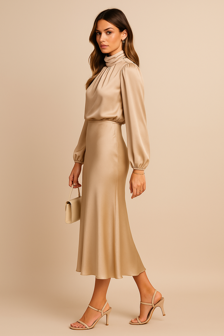 Ivory | High Neck Balloon Sleeve Satin Cocktail Midi Dress