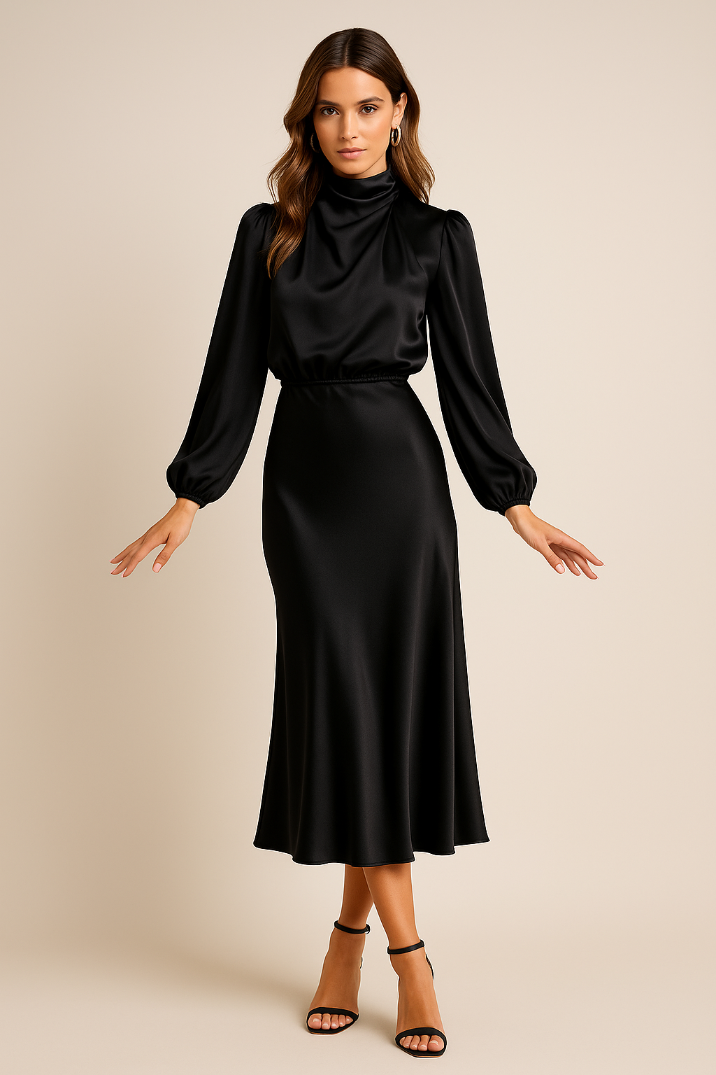 Ivory | High Neck Balloon Sleeve Satin Cocktail Midi Dress