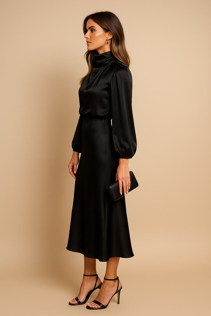 Ivory | High Neck Balloon Sleeve Satin Cocktail Midi Dress