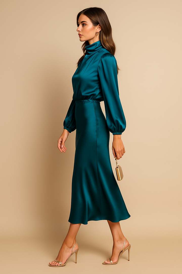 Ivory | High Neck Balloon Sleeve Satin Cocktail Midi Dress