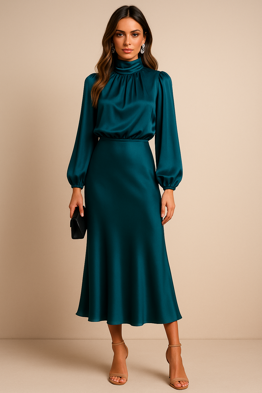Ivory | High Neck Balloon Sleeve Satin Cocktail Midi Dress