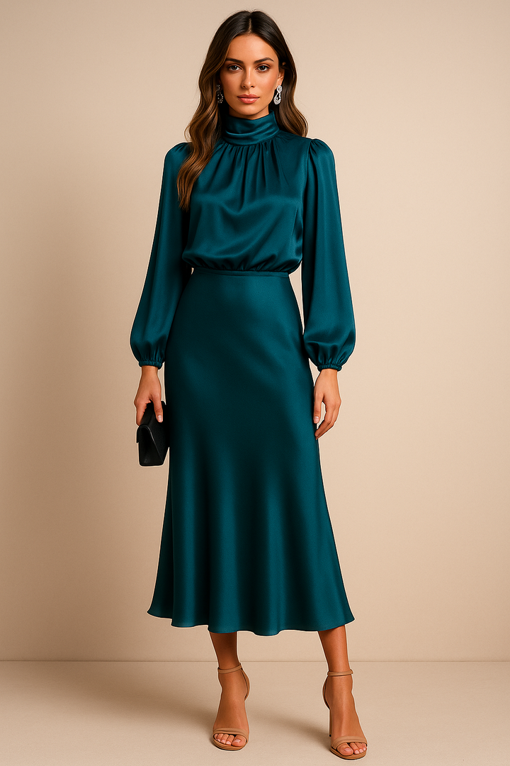 Ivory | High Neck Balloon Sleeve Satin Cocktail Midi Dress