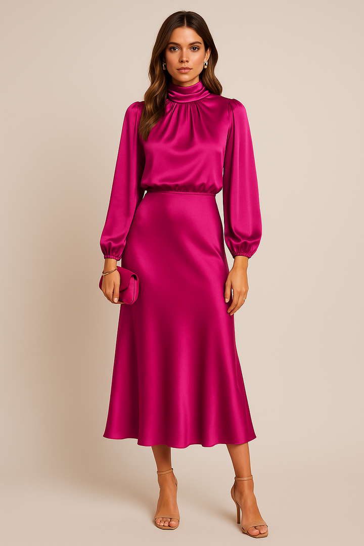 Ivory | High Neck Balloon Sleeve Satin Cocktail Midi Dress