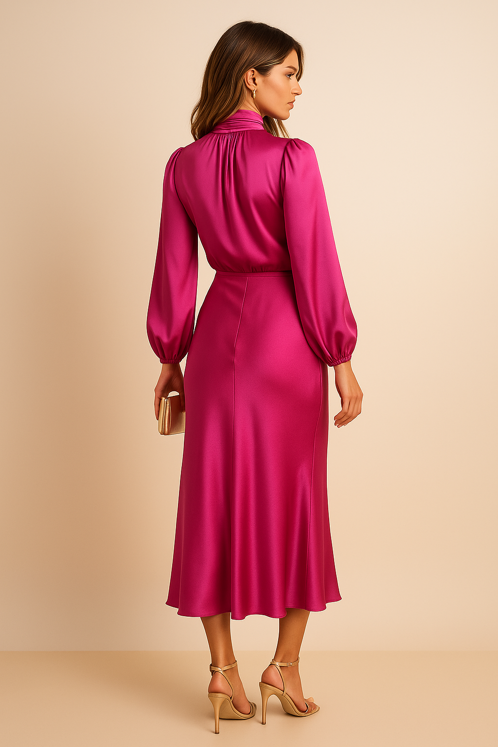 Ivory | High Neck Balloon Sleeve Satin Cocktail Midi Dress