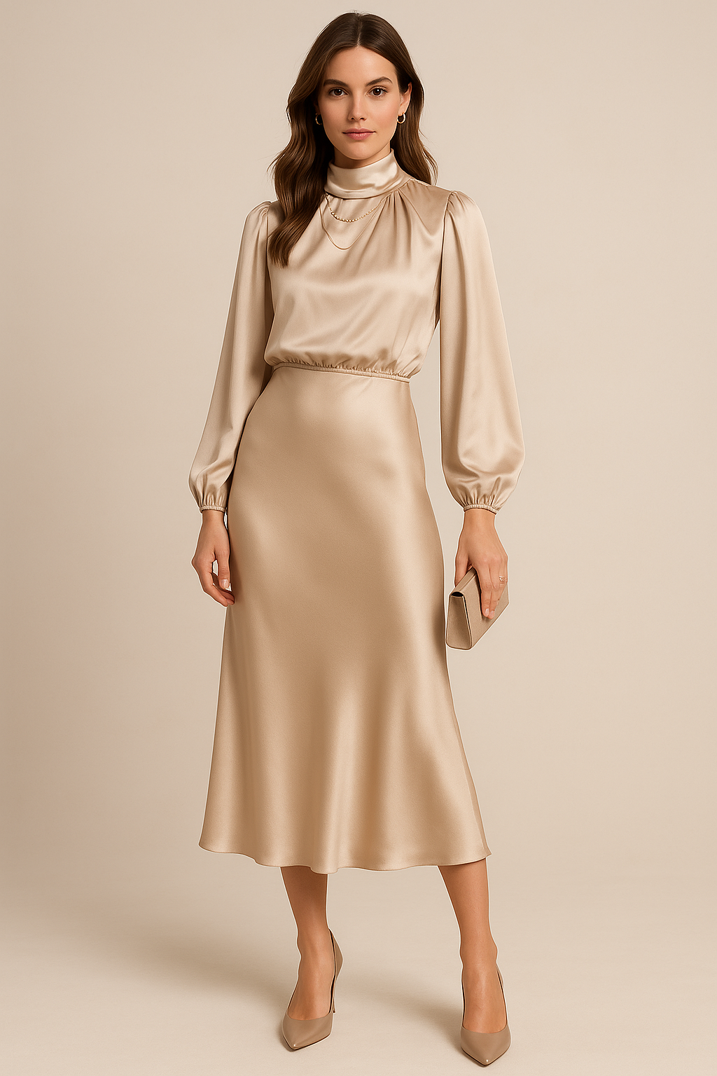 Ivory | High Neck Balloon Sleeve Satin Cocktail Midi Dress