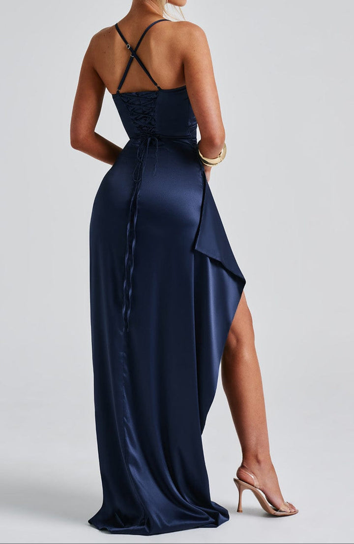 Nadine | Spaghetti Strap Ruched Waist High Slit Satin Maxi Formal Dress