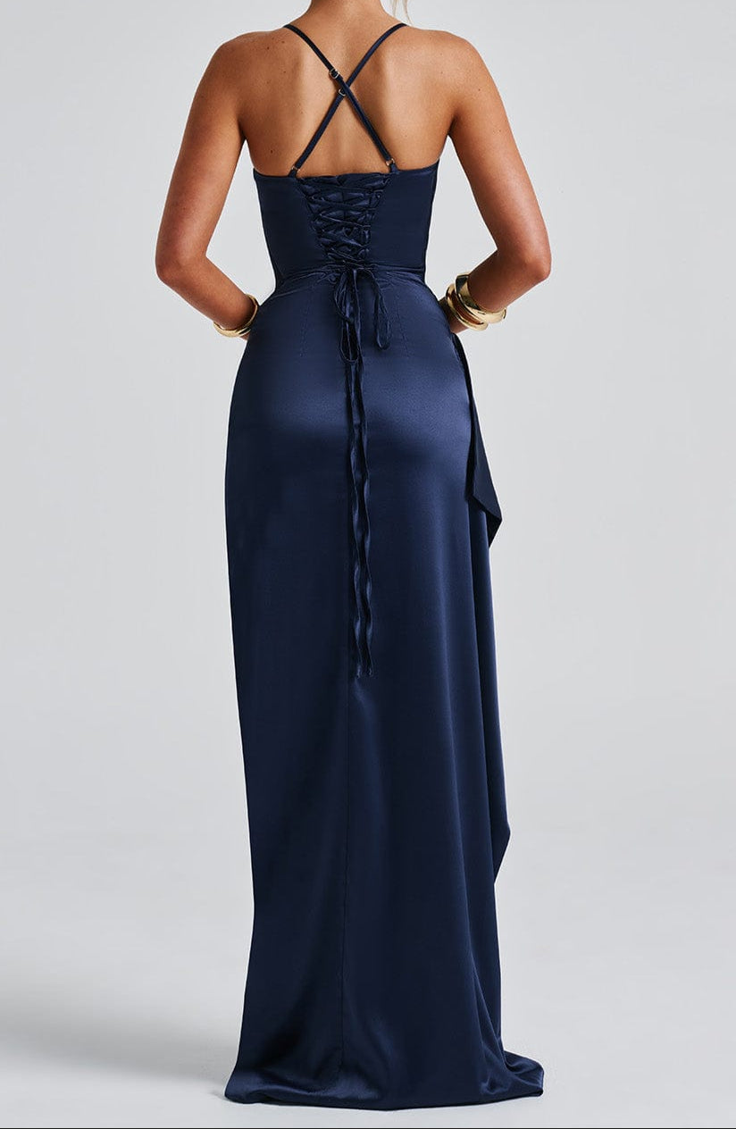 Nadine | Spaghetti Strap Ruched Waist High Slit Satin Maxi Formal Dress