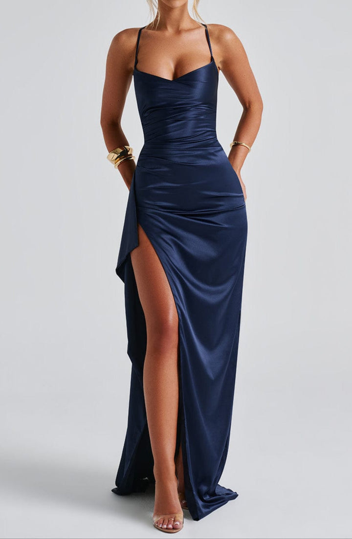 Nadine | Spaghetti Strap Ruched Waist High Slit Satin Maxi Formal Dress
